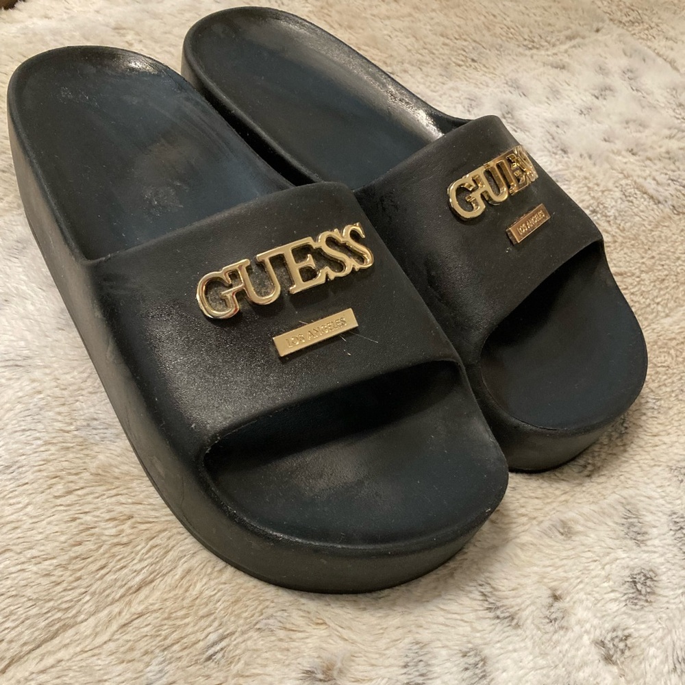 Guess Black Slides with Gold Accents - Picture 1 of 4